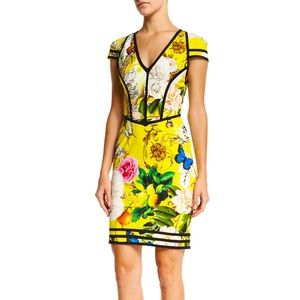 ROBERTO CAVALLI Floral-Print Punto Cap-Sleeve Dress Yellow